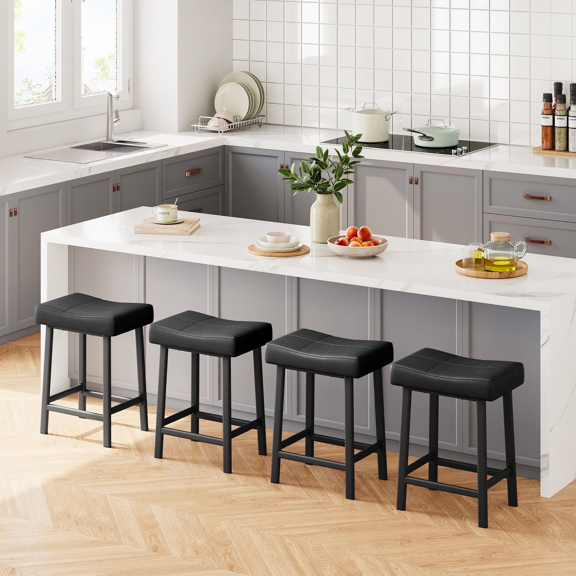 Garvee 24 Inch Backless Saddle Barstools Set of 4, Counter Height Upholstered Padded Barstools with Curved Surface, Metal Leg and Footrest, for Kitchen Counter, Home Bar (Black)