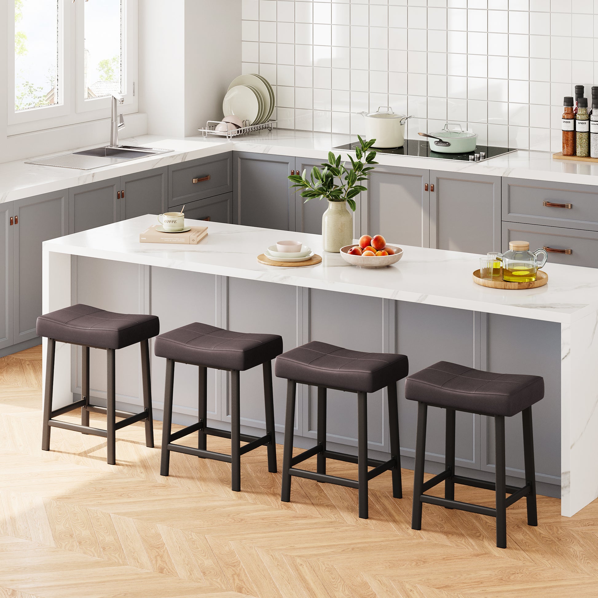Garvee 24 Inch Backless Saddle Barstools Set of 4, Counter Height Upholstered Padded Barstools with Curved Surface, Metal Leg and Footrest, for Kitchen Counter, Home Bar, Brown