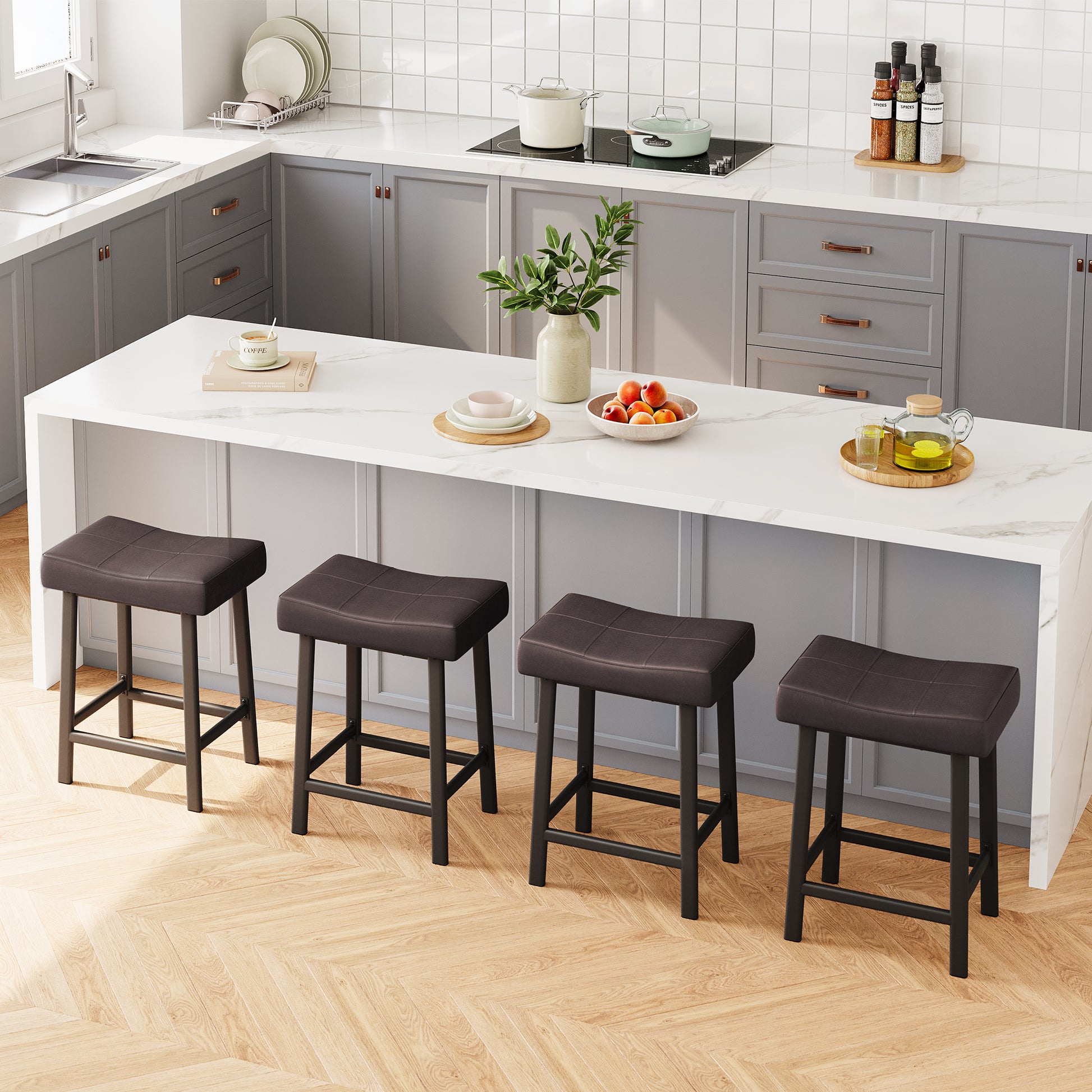 Garvee 24 Inch Backless Saddle Barstools Set of 4, Counter Height Upholstered Padded Barstools with Curved Surface, Metal Leg and Footrest, for Kitchen Counter, Home Bar, Brown