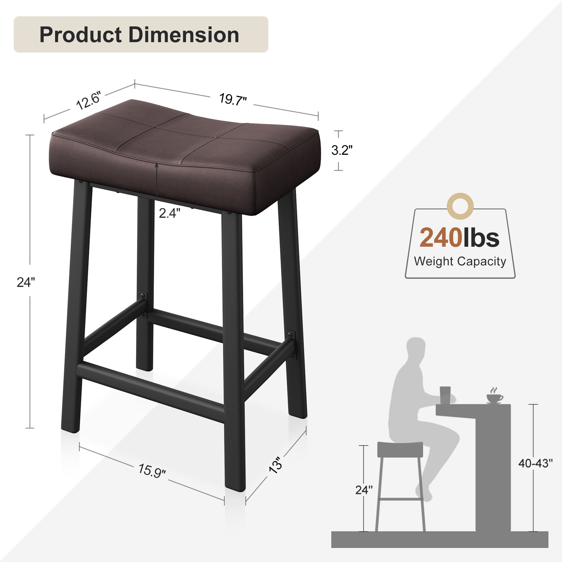 Garvee 24 Inch Backless Saddle Barstools Set of 4, Counter Height Upholstered Padded Barstools with Curved Surface, Metal Leg and Footrest, for Kitchen Counter, Home Bar, Brown