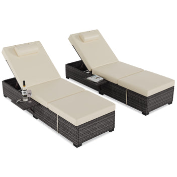 Garvee Set of 2 Outdoor Chaise Lounge Chairs with Side Table, PE Rattan Recliners with 6-Position Backrest & Blue Cushions for Poolside Patio