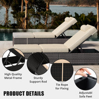 Garvee Set of 2 Outdoor Chaise Lounge Chairs with Side Table, PE Rattan Recliners with 6-Position Backrest & Blue Cushions for Poolside Patio