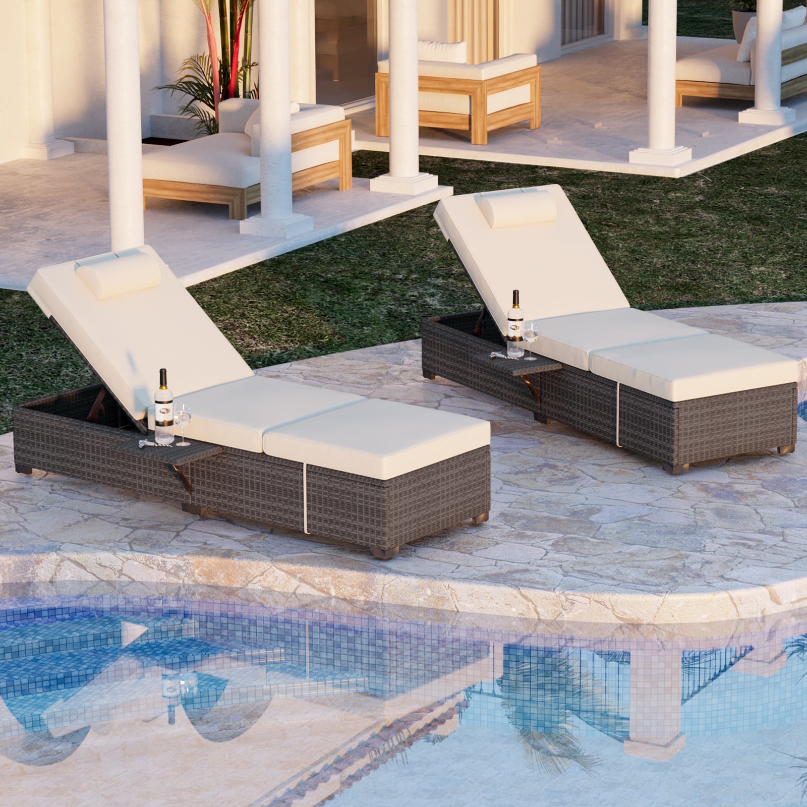 Garvee Set of 2 Outdoor Chaise Lounge Chairs with Side Table, PE Rattan Recliners with 6-Position Backrest & Blue Cushions for Poolside Patio