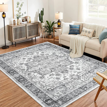 Garvee Area Rug for Living Room, 5x7 Machine Washable Vintage Rug Carpet for Bedroom Dinning Room, Distressed Area Rug Indoor Non Slip No Pile, Grey