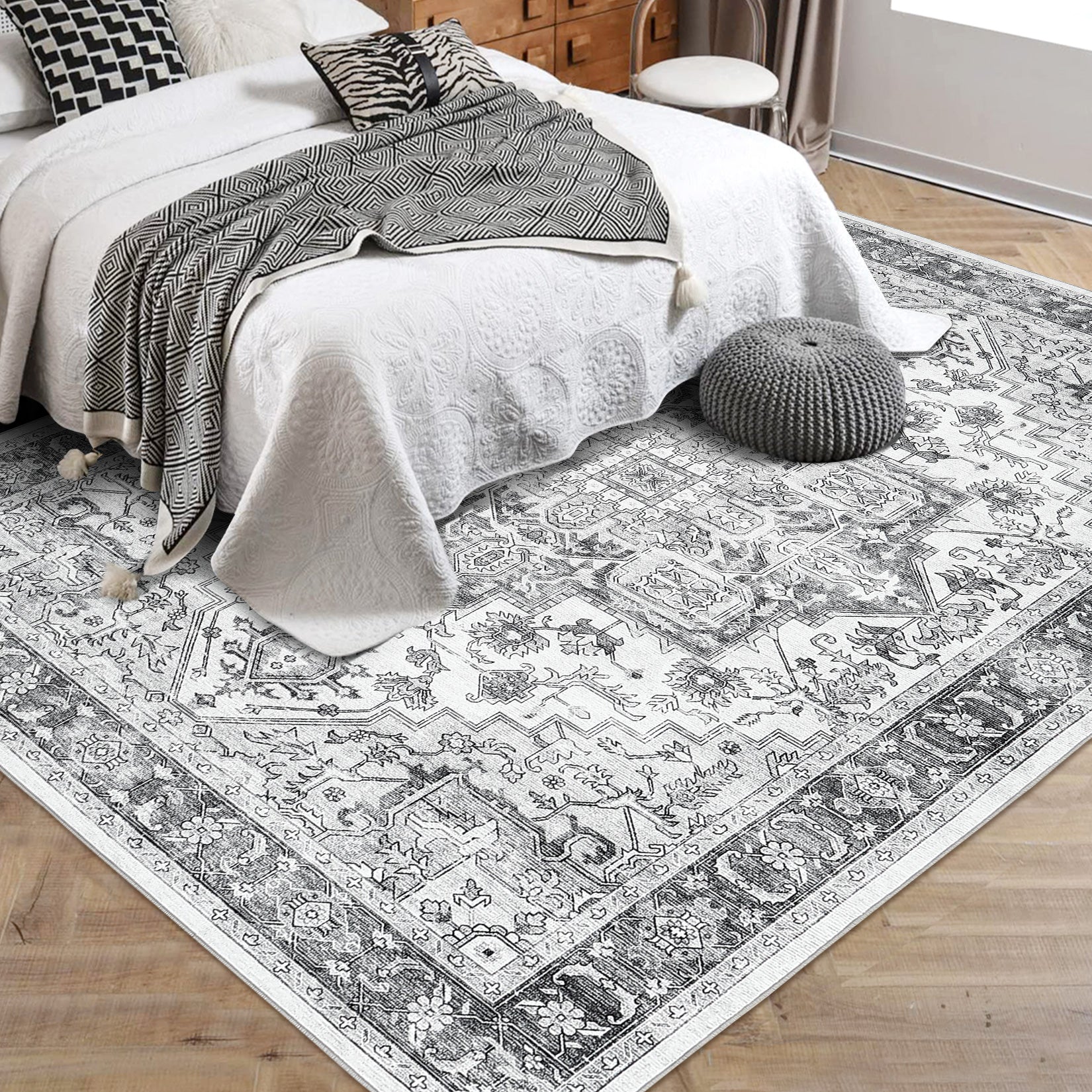 Garvee Area Rug for Living Room, 5x7 Machine Washable Vintage Rug Carpet for Bedroom Dinning Room, Distressed Area Rug Indoor Non Slip No Pile, Grey