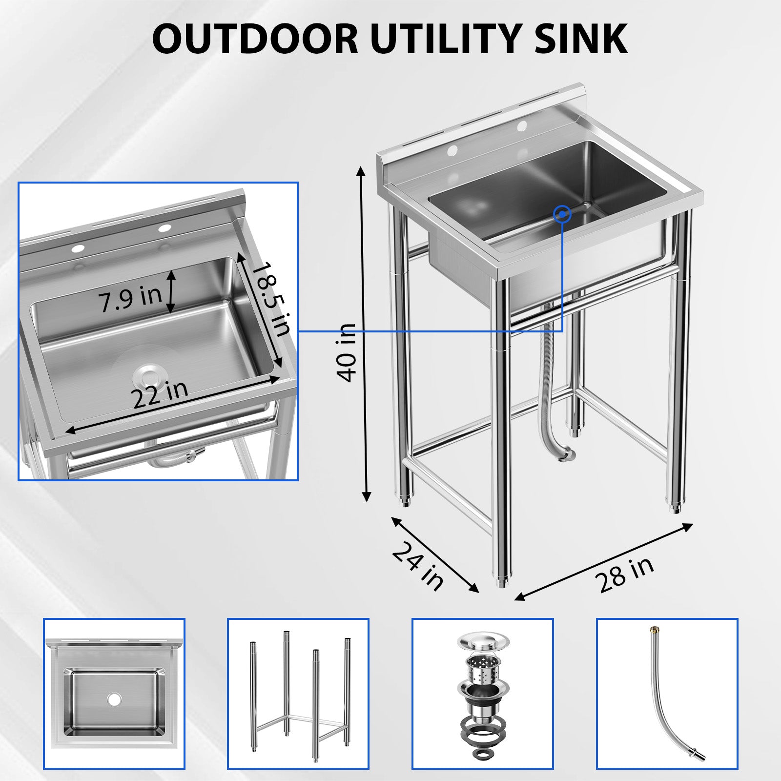 GARVEE 28"W x 24"D x 40"H Stainless Steel Utility Sink - Freestanding Single Bowl Commercial Kitchen Sink (No Faucet) for Restaurants, Workshops, and Laundry Rooms