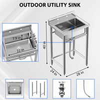 GARVEE 28"W x 24"D x 40"H Stainless Steel Utility Sink - Freestanding Single Bowl Commercial Kitchen Sink (No Faucet) for Restaurants, Workshops, and Laundry Rooms
