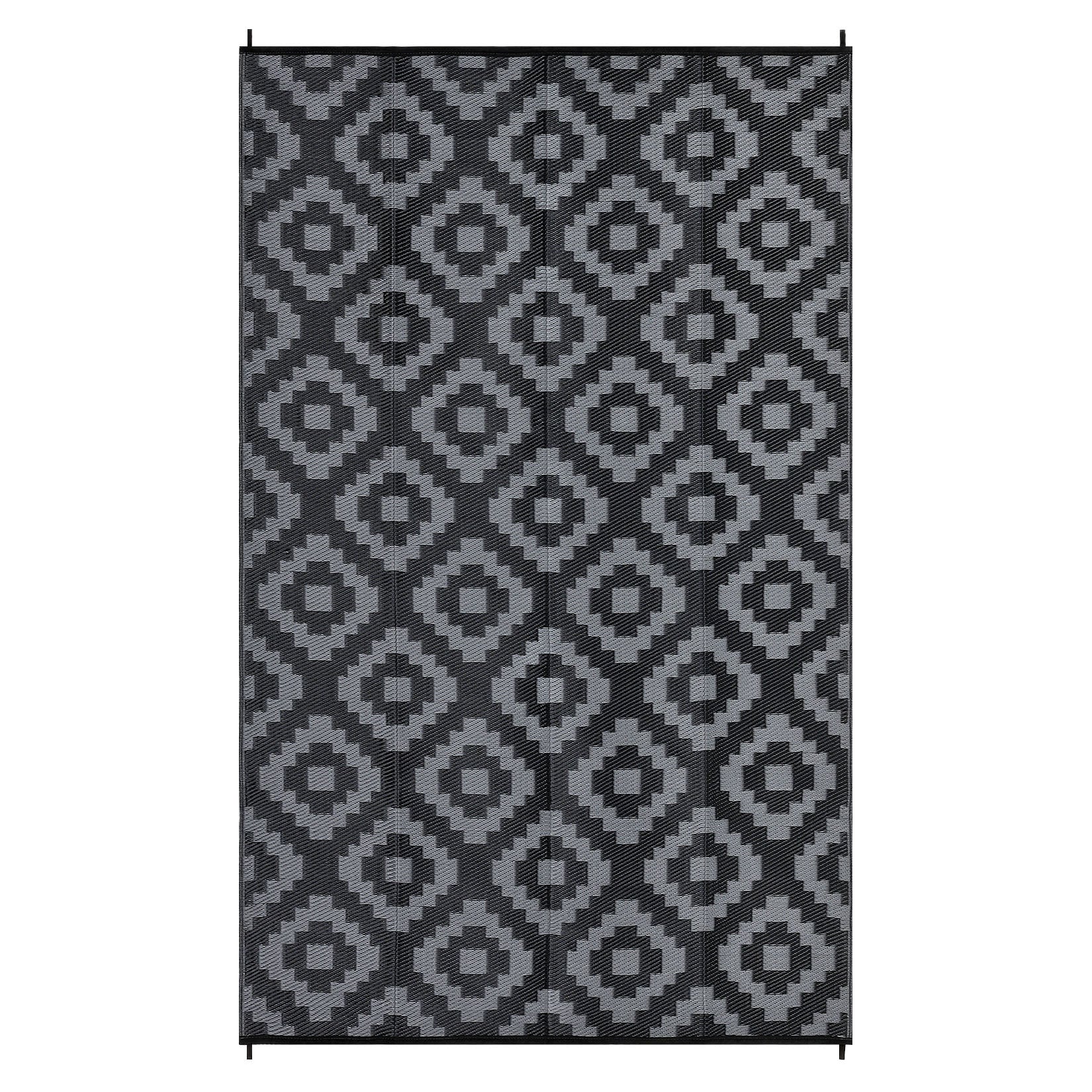 Garvee Outdoor Black & Grey 9x18 Rug for Patios Waterproof Reversible Mats Plastic Straw Rug Modern Geometric Floor Mat for Patio Porch RV Backyard Pool Deck Picnic Beach Trailer Camping Diamond