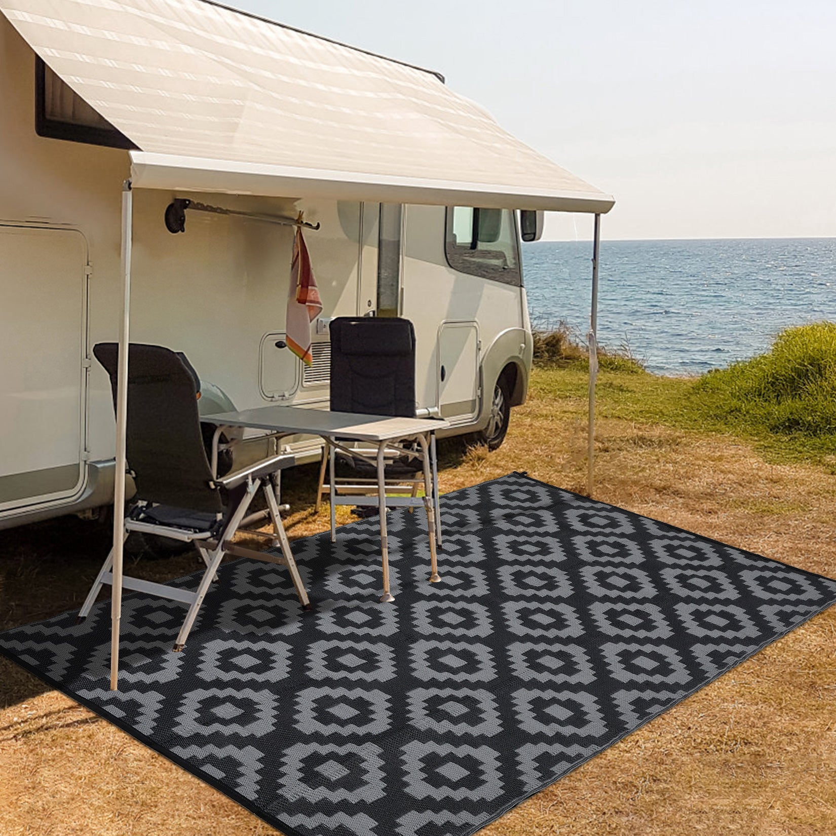 Garvee Outdoor Black & Grey 9x18 Rug for Patios Waterproof Reversible Mats Plastic Straw Rug Modern Geometric Floor Mat for Patio Porch RV Backyard Pool Deck Picnic Beach Trailer Camping Diamond