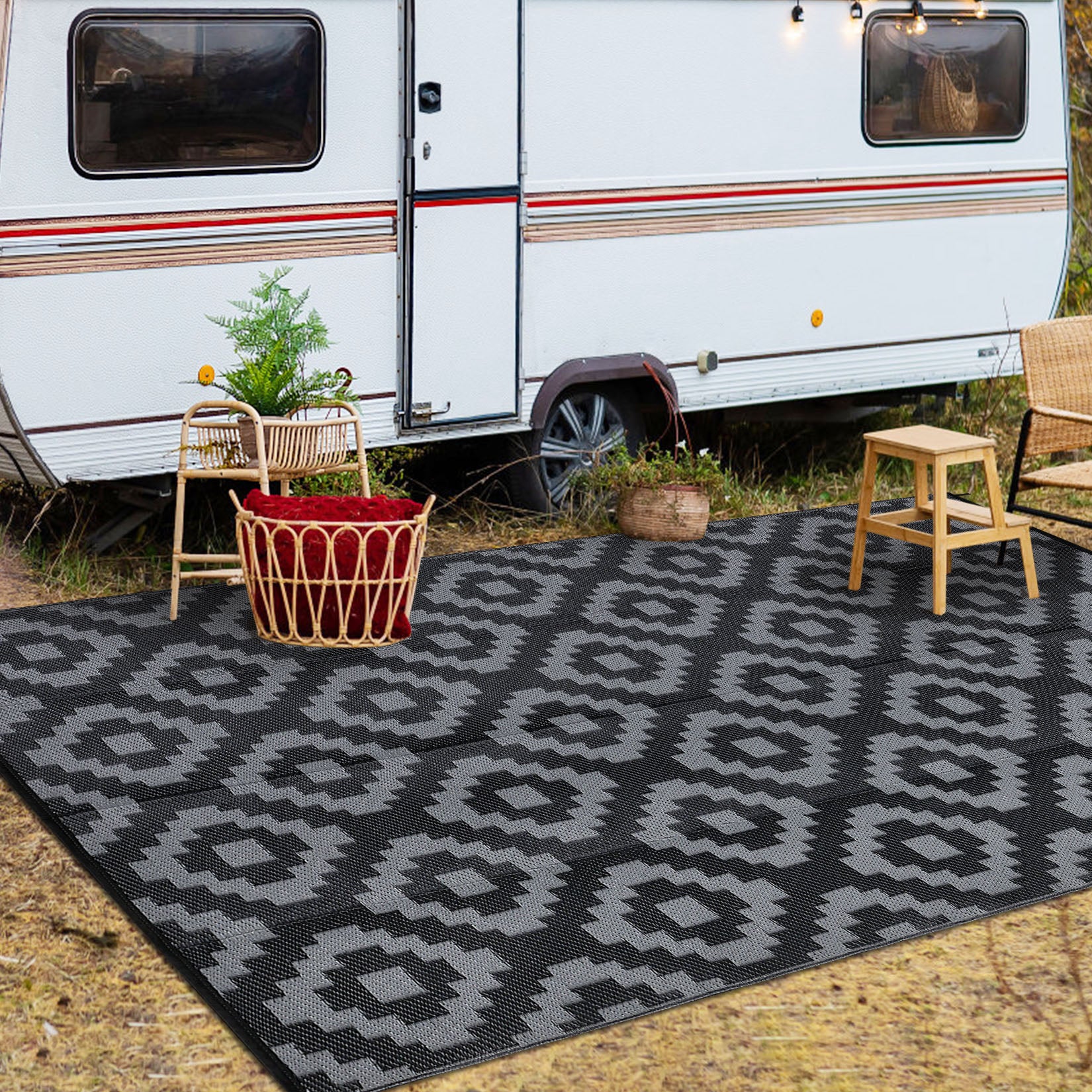 Garvee Outdoor Black & Grey 9x18 Rug for Patios Waterproof Reversible Mats Plastic Straw Rug Modern Geometric Floor Mat for Patio Porch RV Backyard Pool Deck Picnic Beach Trailer Camping Diamond