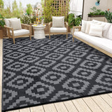 Garvee Outdoor Black & Grey 9x12 Rug for Patios Reversible Mats Waterproof Plastic Straw Rug Modern Geometric Floor Mat for Patio Porch RV Backyard Pool Deck Picnic Beach Trailer Camping - Black & Gray