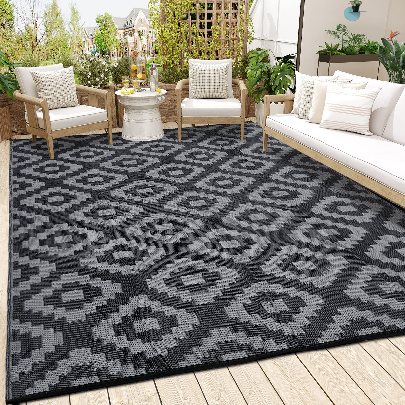 Garvee Outdoor Black & Grey 9x18 Rug for Patios Waterproof Reversible Mats Plastic Straw Rug Modern Geometric Floor Mat for Patio Porch RV Backyard Pool Deck Picnic Beach Trailer Camping Diamond