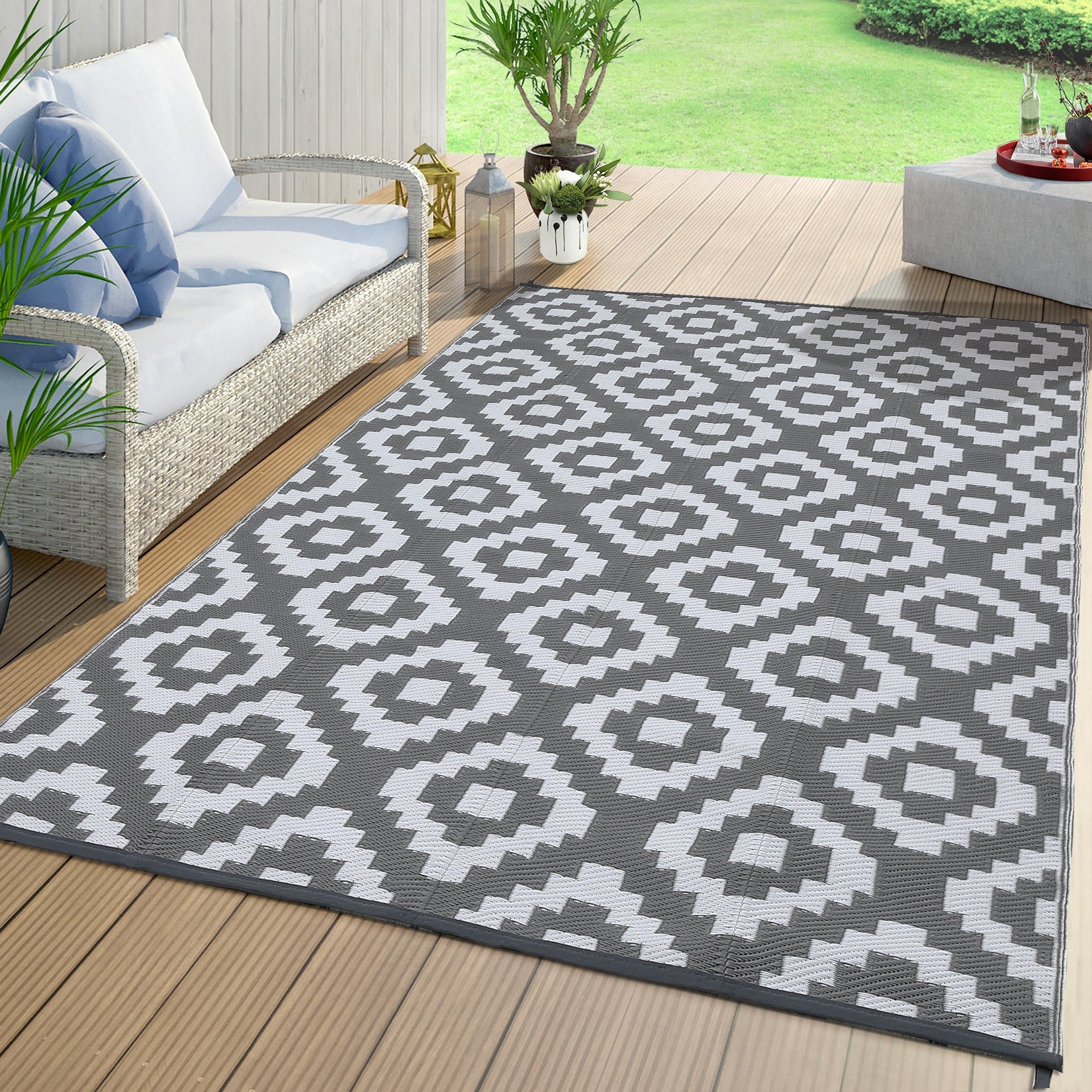 Garvee Outdoor Grey & White 9x18 Rug for Patios Waterproof Reversible Mats Plastic Straw Rug Modern Geometric Floor Mat for Patio Porch RV Backyard Pool Deck Picnic Beach Trailer Camping