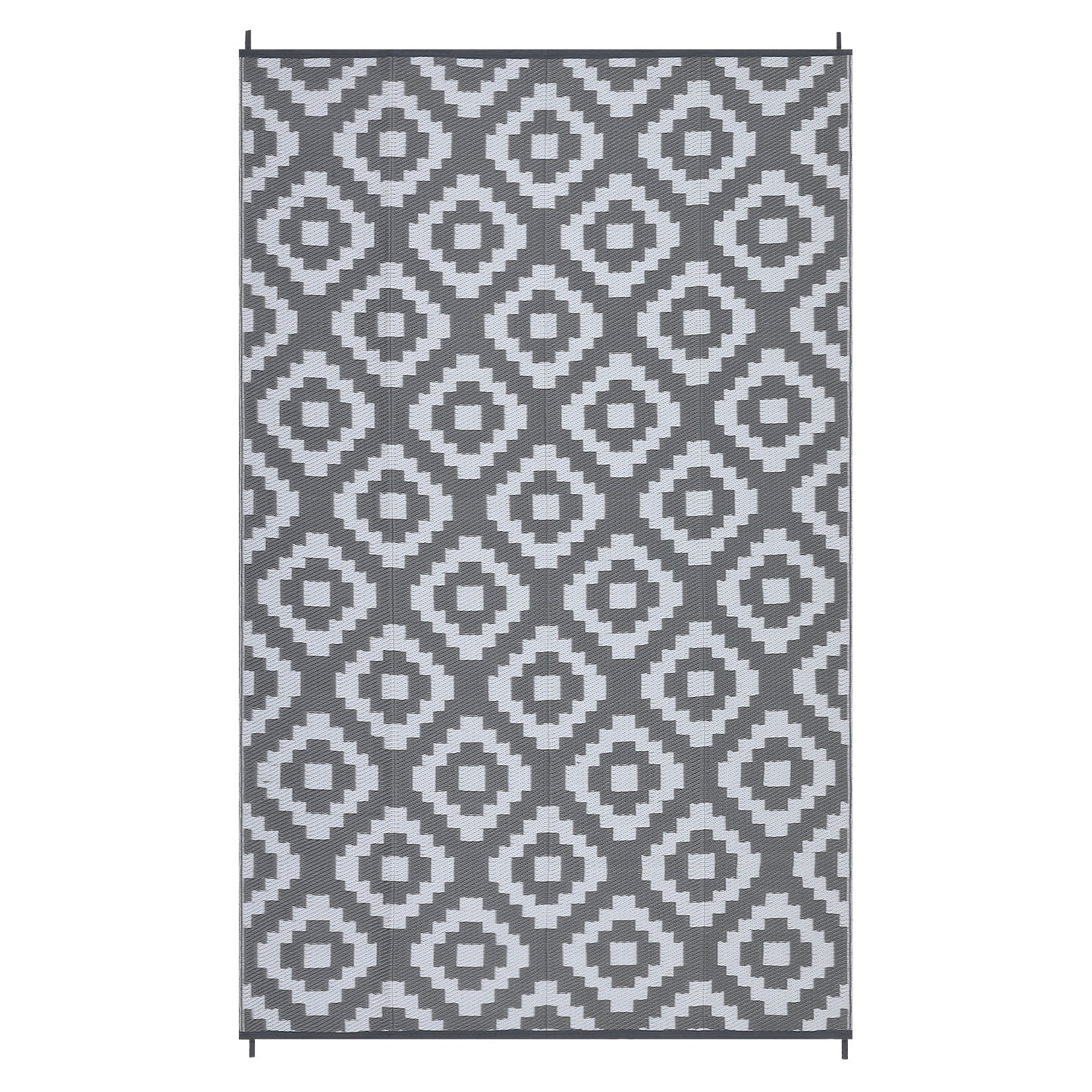Garvee Outdoor Grey & White 9x12 Rug for Patios Reversible Mats Waterproof Plastic Straw Rug Modern Geometric Floor Mat for Patio Porch RV Backyard Pool Deck Picnic Beach Trailer Camping