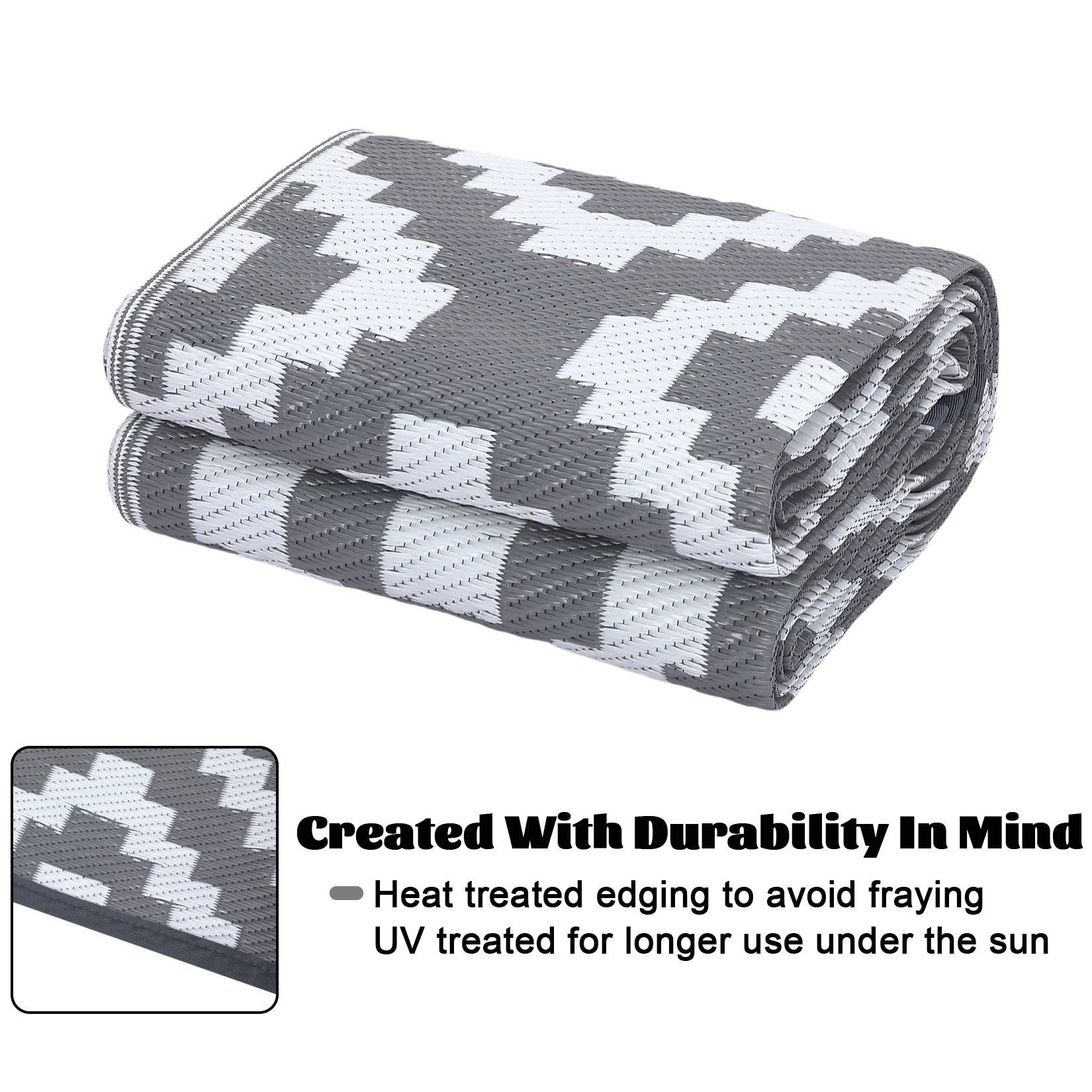 Garvee Outdoor Grey & White 9x18 Rug for Patios Waterproof Reversible Mats Plastic Straw Rug Modern Geometric Floor Mat for Patio Porch RV Backyard Pool Deck Picnic Beach Trailer Camping