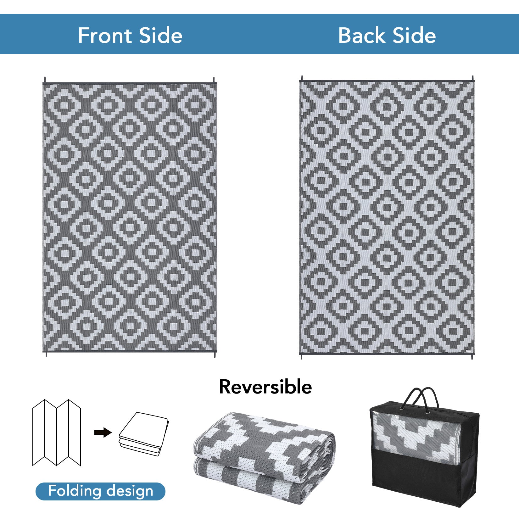 Garvee Outdoor Grey & White 9x18 Rug for Patios Waterproof Reversible Mats Plastic Straw Rug Modern Geometric Floor Mat for Patio Porch RV Backyard Pool Deck Picnic Beach Trailer Camping