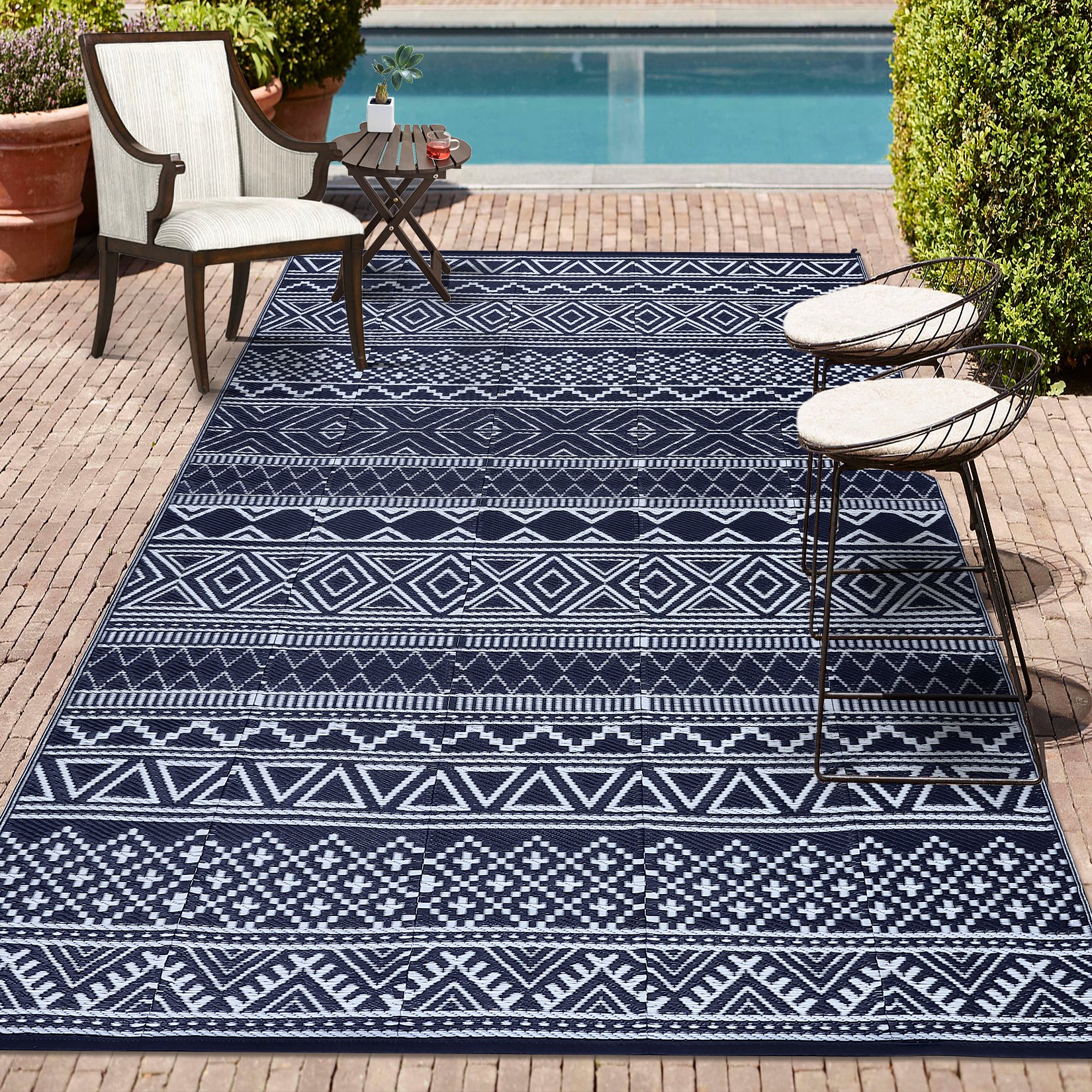 Garvee Outdoor Navy Blue & White 9x18 Reversible Rug, Waterproof Mat, Modern Bohemian Style, PP Plastic, Weatherproof, Easy to Clean, Black&Navy, for Camping, Patio, RV