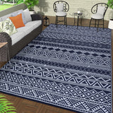 Garvee Outdoor Navy Blue & White 9x18 Reversible Rug, Waterproof Mat, Modern Bohemian Style, PP Plastic, Weatherproof, Easy to Clean, Black&Navy, for Camping, Patio, RV - Navy Blue & White