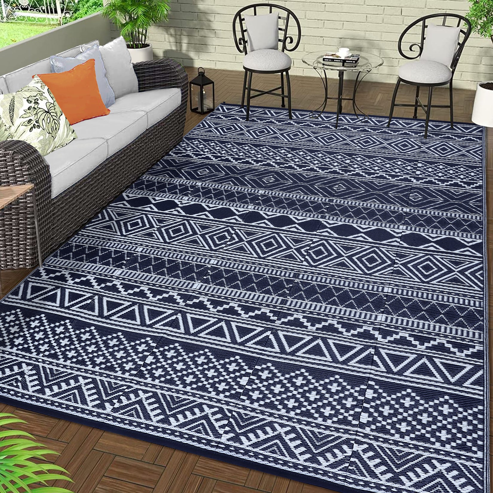 Garvee Outdoor Navy Blue & White 9x18 Reversible Rug, Waterproof Mat, Modern Bohemian Style, PP Plastic, Weatherproof, Easy to Clean, Black&Navy, for Camping, Patio, RV
