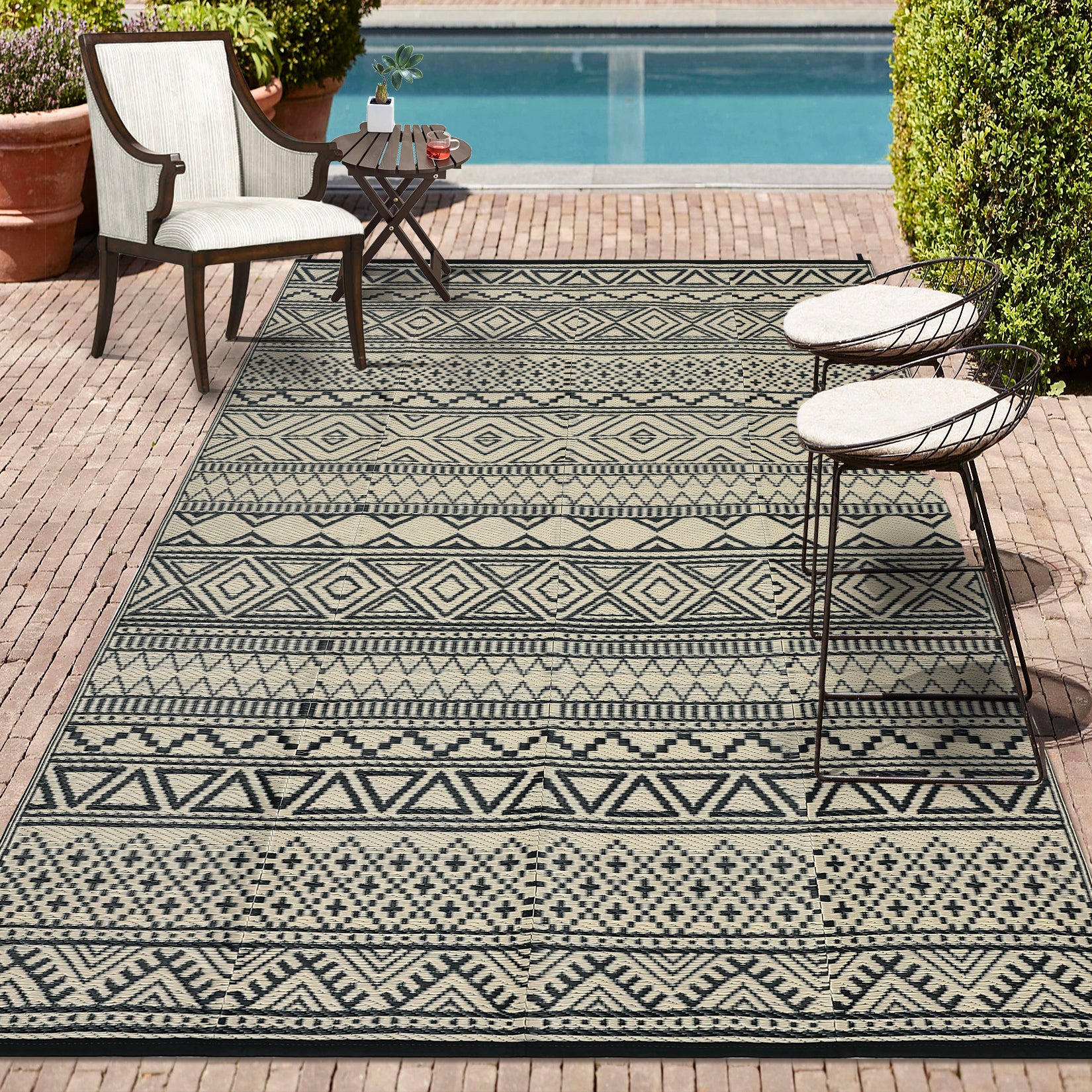 Garvee Outdoor Black & Coffee 8x10 Rug Carpet Waterproof Reversible Patio Rug Boho Print Camping Rug Plastic Straw Rug Geometric Rv Mat for Patio Camping Picnic Backyard Deck Balcony Porch Beach