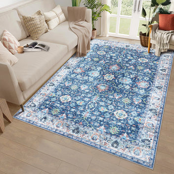 Garvee Area Rug 4x6 Rugs for Living Room,Vintage Rug for Living Room Bedroom Dinning Room,Boho Distressed Tribal Area Rug,Low Pile Non-Slip Washable Indoor Door Mat for Kitchen Entryway Bathroom Blue