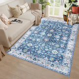 Garvee Area Rug 4x6 Rugs for Living Room,Vintage Rug for Living Room Bedroom Dinning Room,Boho Distressed Tribal Area Rug,Low Pile Non-Slip Washable Indoor Door Mat for Kitchen Entryway Bathroom Blue - Blue