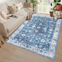 Garvee Area Rug 4x6 Rugs for Living Room,Vintage Rug for Living Room Bedroom Dinning Room,Boho Distressed Tribal Area Rug,Low Pile Non-Slip Washable Indoor Door Mat for Kitchen Entryway Bathroom Blue