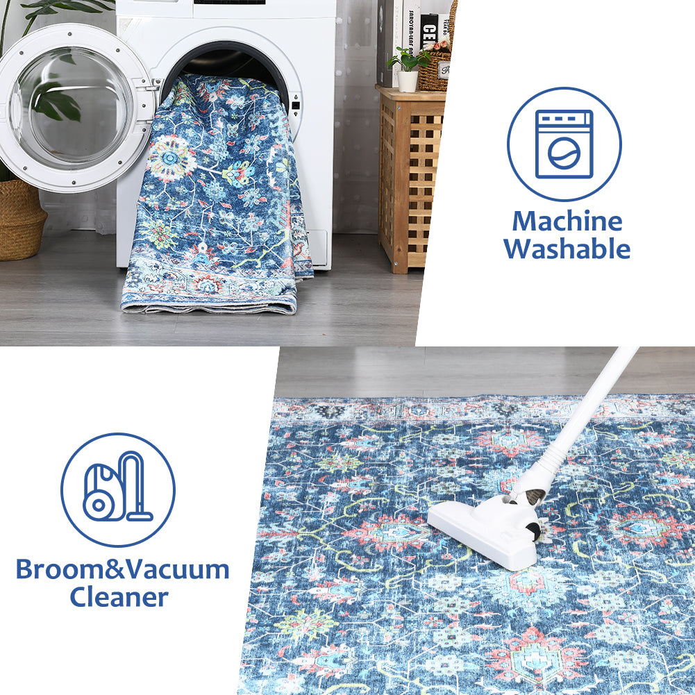 Garvee Area Rug 6x9 Rugs for Living Room,Vintage Rug for Living Room Bedroom Dinning Room,Boho Distressed Tribal Area Rug,Low Pile Non-Slip Washable Indoor Door Mat for Kitchen Entryway Bathroom Blue