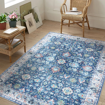Garvee Area Rug 6x9 Rugs for Living Room,Vintage Rug for Living Room Bedroom Dinning Room,Boho Distressed Tribal Area Rug,Low Pile Non-Slip Washable Indoor Door Mat for Kitchen Entryway Bathroom Blue