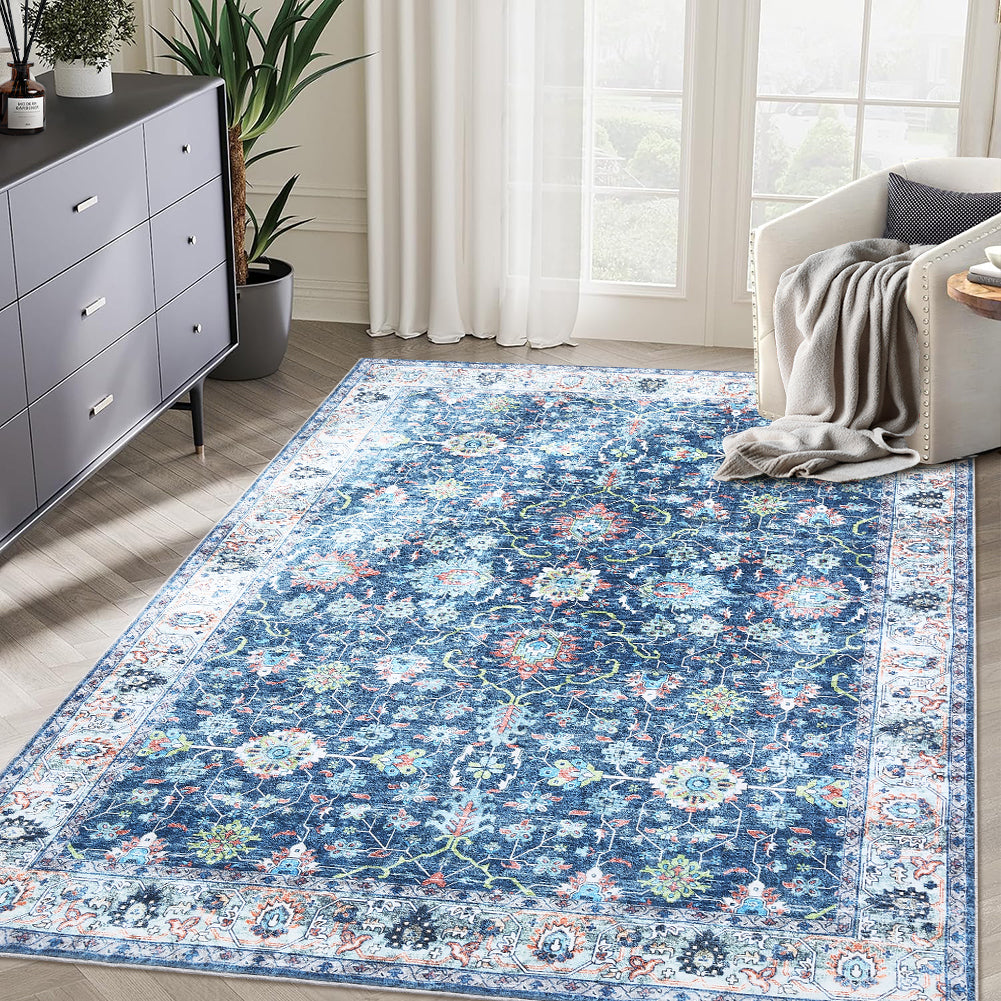 Garvee Area Rug 4x6 Rugs for Living Room,Vintage Rug for Living Room Bedroom Dinning Room,Boho Distressed Tribal Area Rug,Low Pile Non-Slip Washable Indoor Door Mat for Kitchen Entryway Bathroom Blue