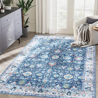 Garvee Area Rug 4x6 Rugs for Living Room,Vintage Rug for Living Room Bedroom Dinning Room,Boho Distressed Tribal Area Rug,Low Pile Non-Slip Washable Indoor Door Mat for Kitchen Entryway Bathroom Blue