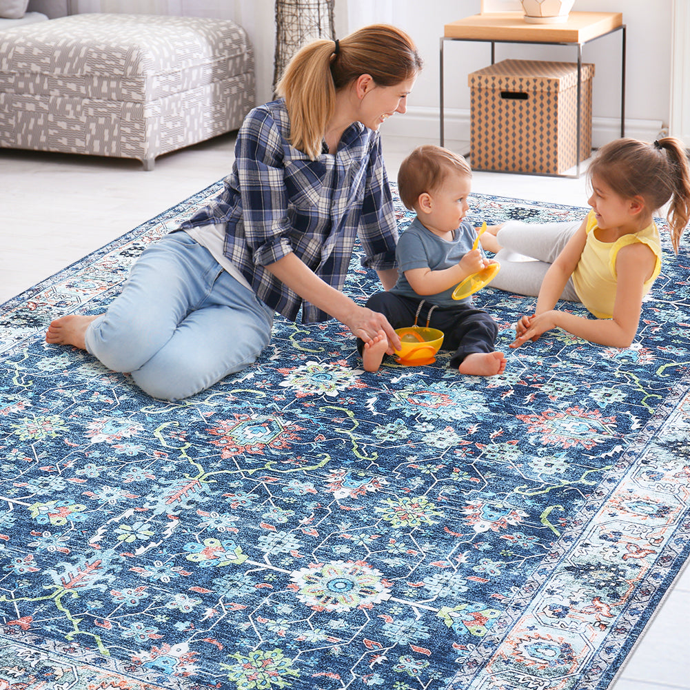 Garvee Area Rug 4x6 Rugs for Living Room,Vintage Rug for Living Room Bedroom Dinning Room,Boho Distressed Tribal Area Rug,Low Pile Non-Slip Washable Indoor Door Mat for Kitchen Entryway Bathroom Blue