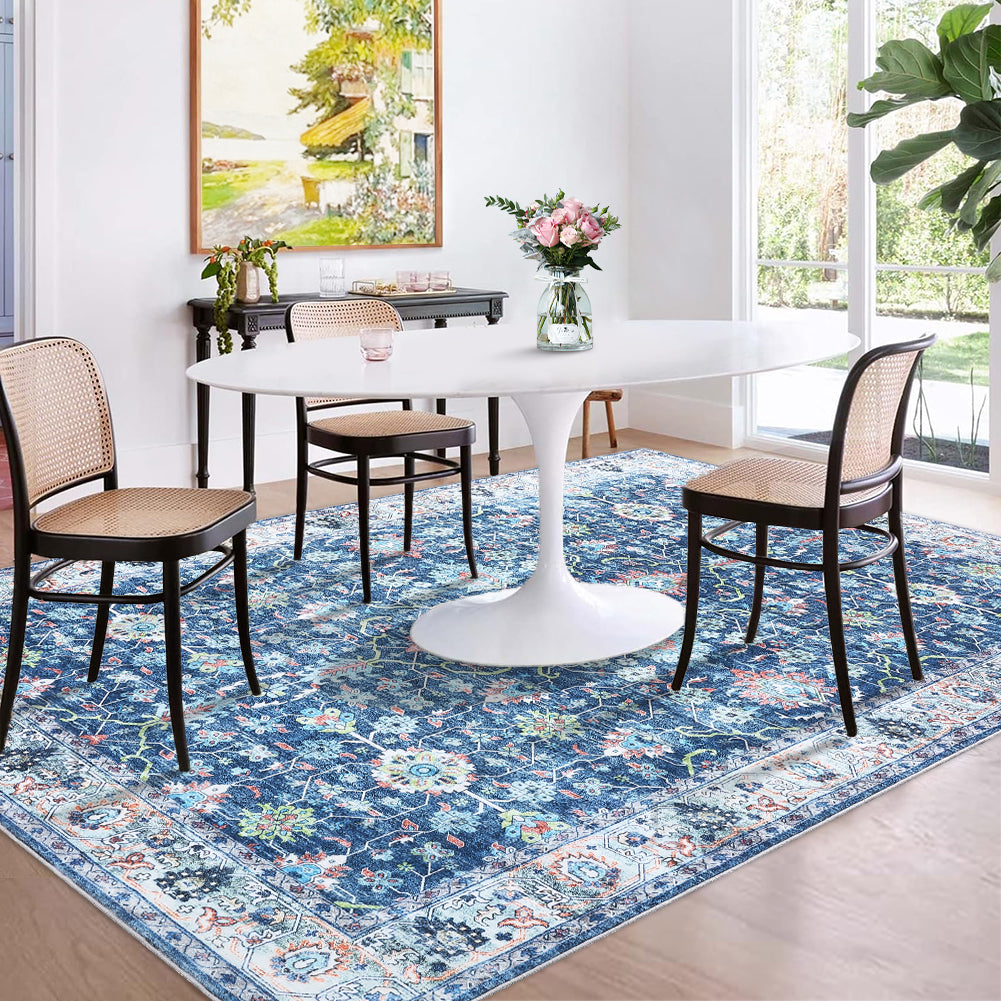 Garvee Area Rug 5x7 Rugs for Living Room,Vintage Rug for Living Room Bedroom Dinning Room,Boho Distressed Tribal Area Rug,Low Pile Non-Slip Washable Indoor Door Mat for Kitchen Entryway Bathroom Blue