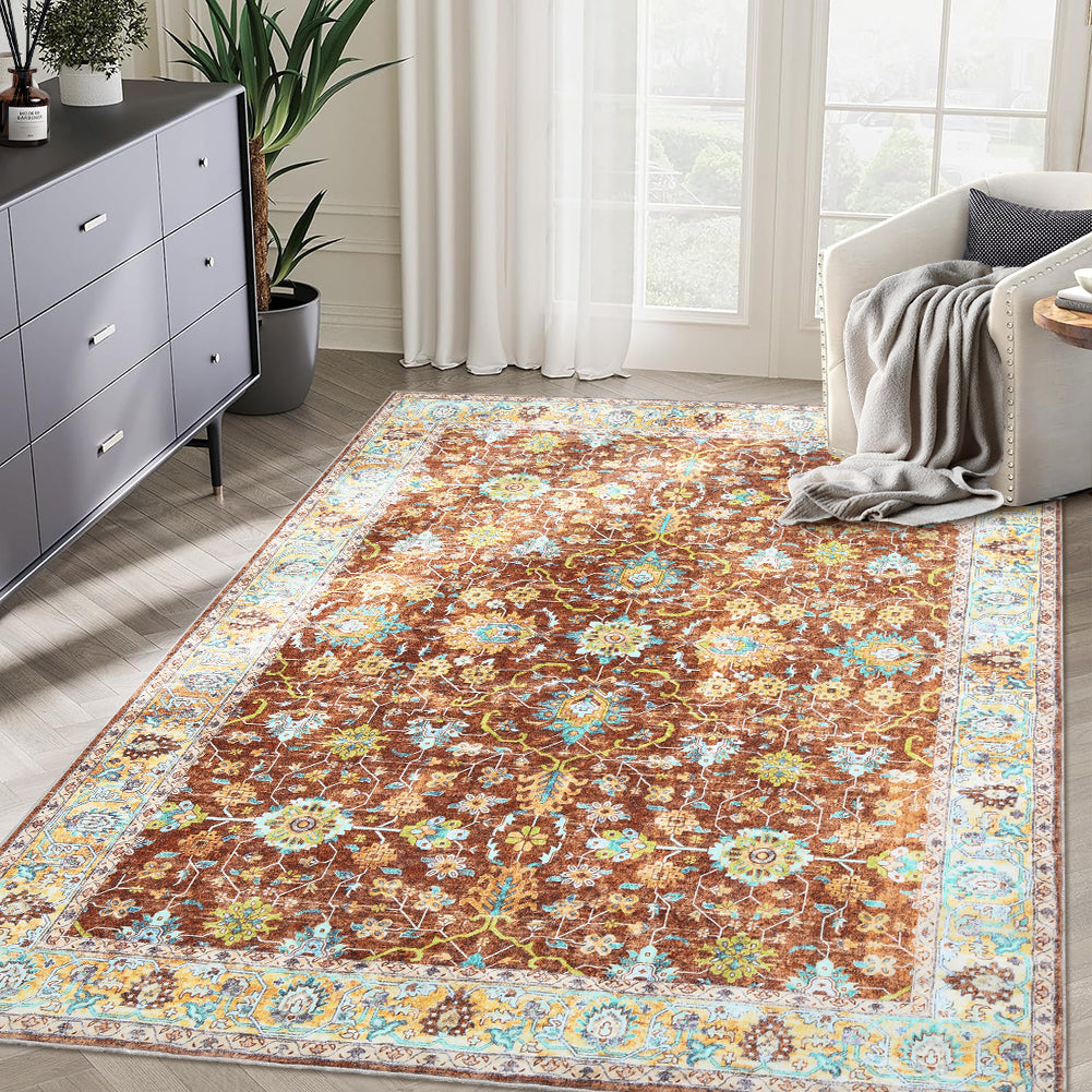 Garvee Area Rug 4x6 Rugs for Living Room,Vintage Rug for Living Room Bedroom Dinning Room,Boho Distressed Tribal Area Rug,Low Pile Non-Slip Washable Indoor Door Mat for Kitchen Entryway Bathroom