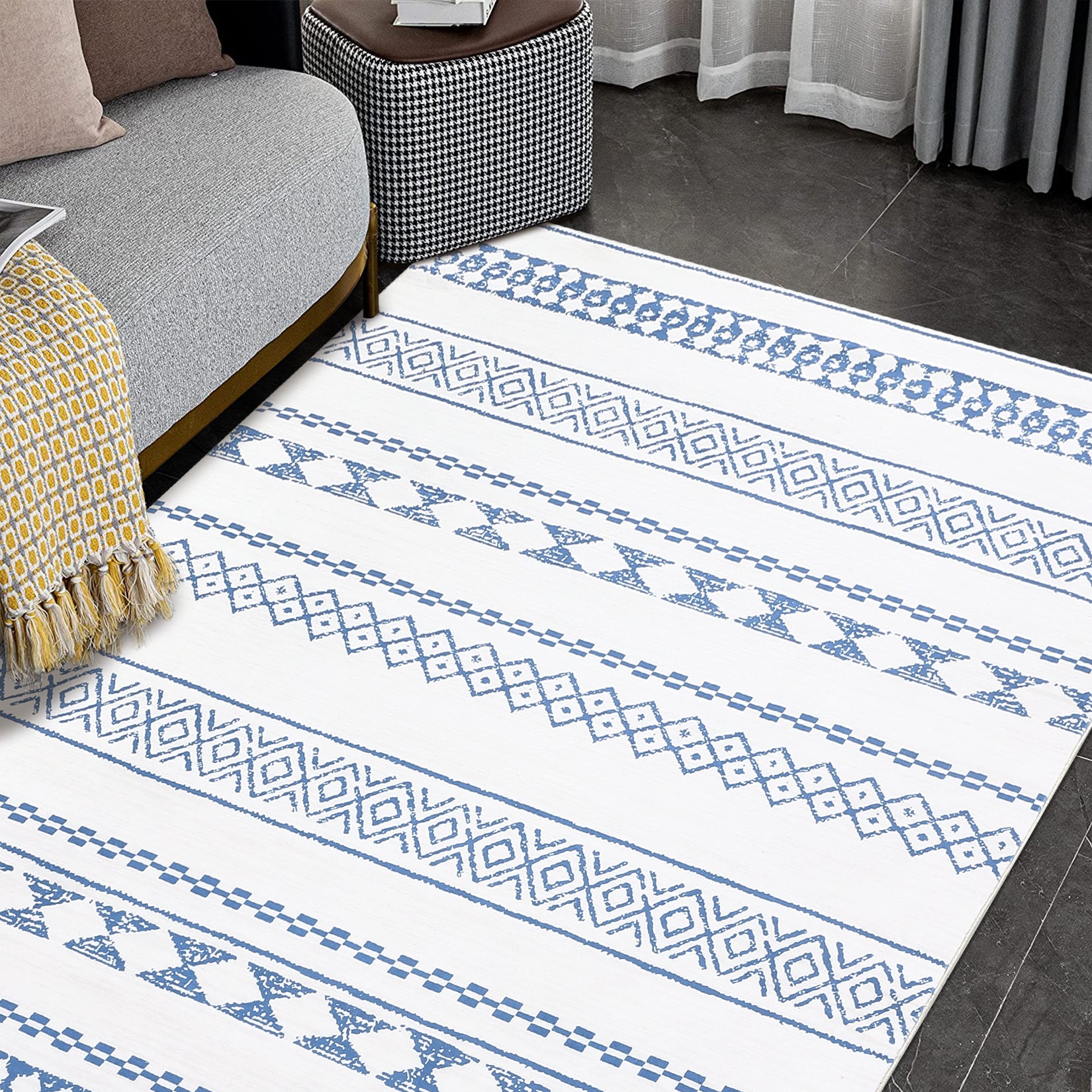 Garvee Boho Blue 8x10 Washable Rug for Living Room Bohemian Farmhouse Area Rug Stain Resistant Area Rug Modern Geometric Area Rug for Bedroom Dining Room Home Office