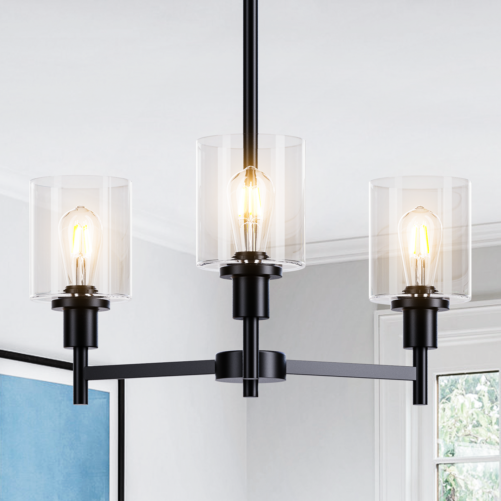 Garvee 3-Light Chandelier for Dining Room, Farmhouse Chandelier with Clear Glass, Height Adjustable Industrial Metal Hanging Fixture Pendant Ceiling Lighting for Foyer Living Room, Kitchen