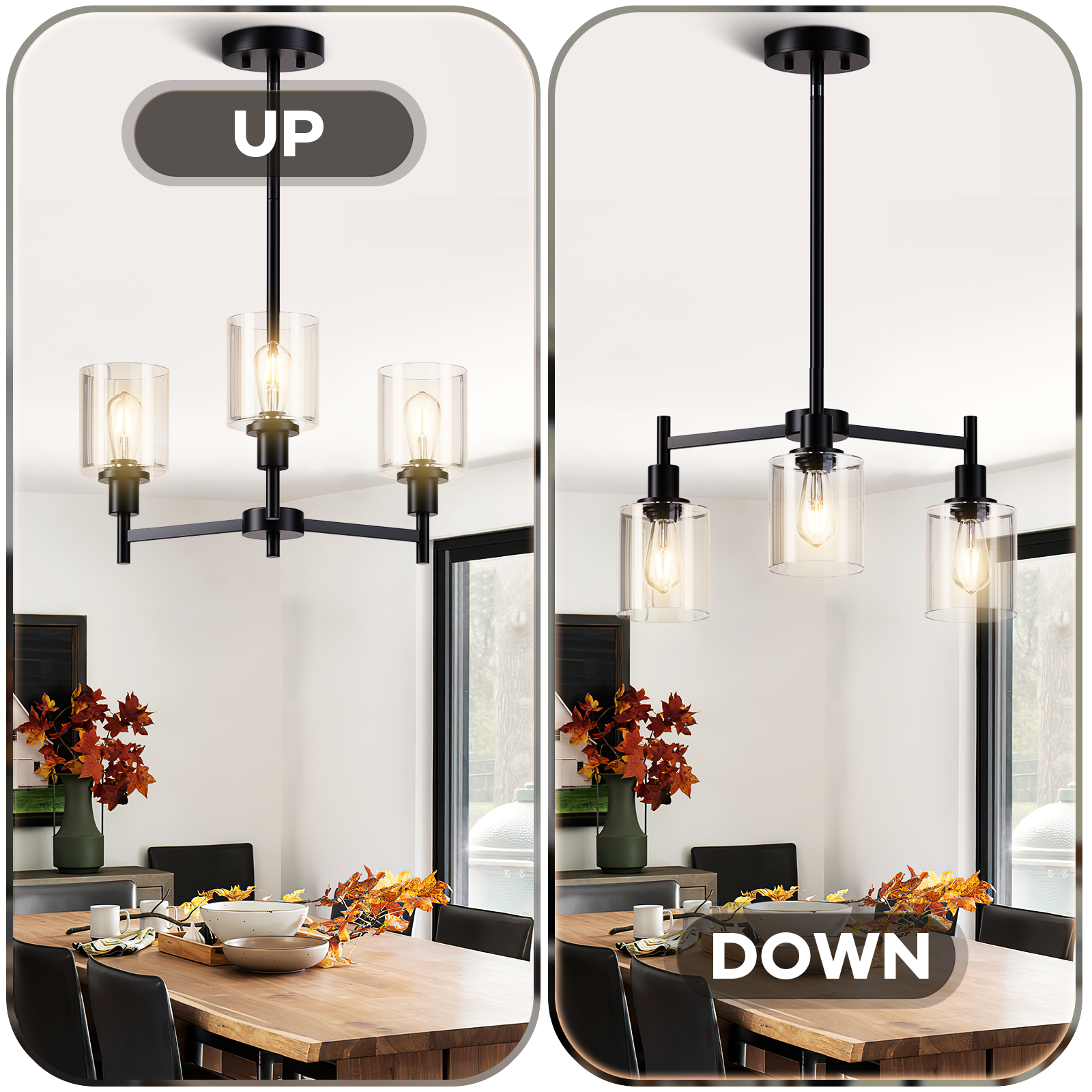 Garvee 3-Light Chandelier for Dining Room, Farmhouse Chandelier with Clear Glass, Height Adjustable Industrial Metal Hanging Fixture Pendant Ceiling Lighting for Foyer Living Room, Kitchen