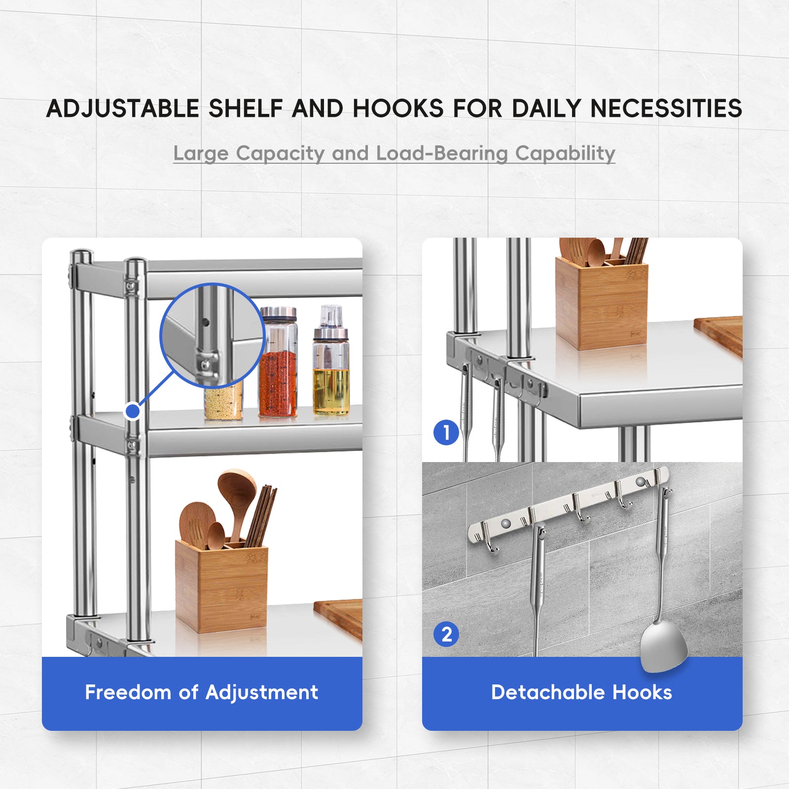 Garvee 36"L x 24"W x 55"H Stainless Steel Work Table，Heavy Duty Adjustable Shelf & Hooks,High Bearing Capacity, Removable Shelves for Kitchen, Garage, Restaurant