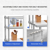 Garvee 36"L x 24"W x 55"H Stainless Steel Work Table，Heavy Duty Adjustable Shelf & Hooks,High Bearing Capacity, Removable Shelves for Kitchen, Garage, Restaurant
