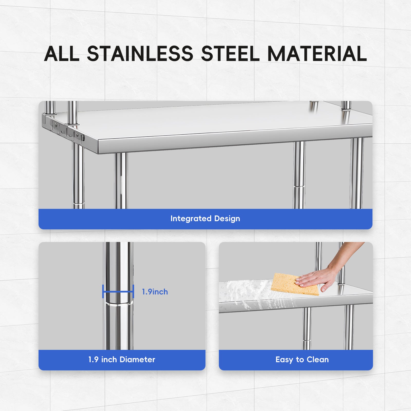 Garvee 36"L x 24"W x 55"H Stainless Steel Work Table，Heavy Duty Adjustable Shelf & Hooks,High Bearing Capacity, Removable Shelves for Kitchen, Garage, Restaurant