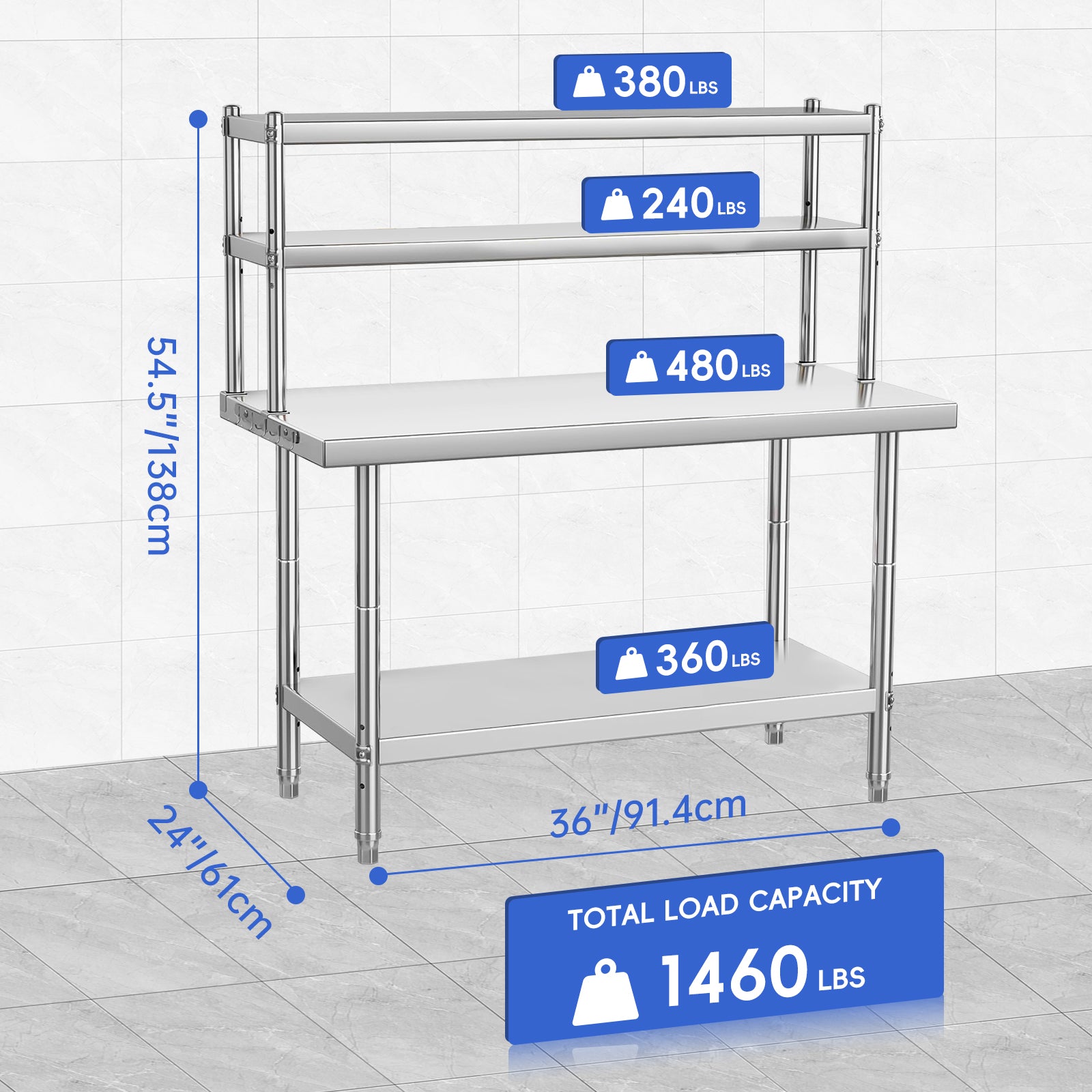 Garvee 36"L x 24"W x 55"H Stainless Steel Work Table，Heavy Duty Adjustable Shelf & Hooks,High Bearing Capacity, Removable Shelves for Kitchen, Garage, Restaurant