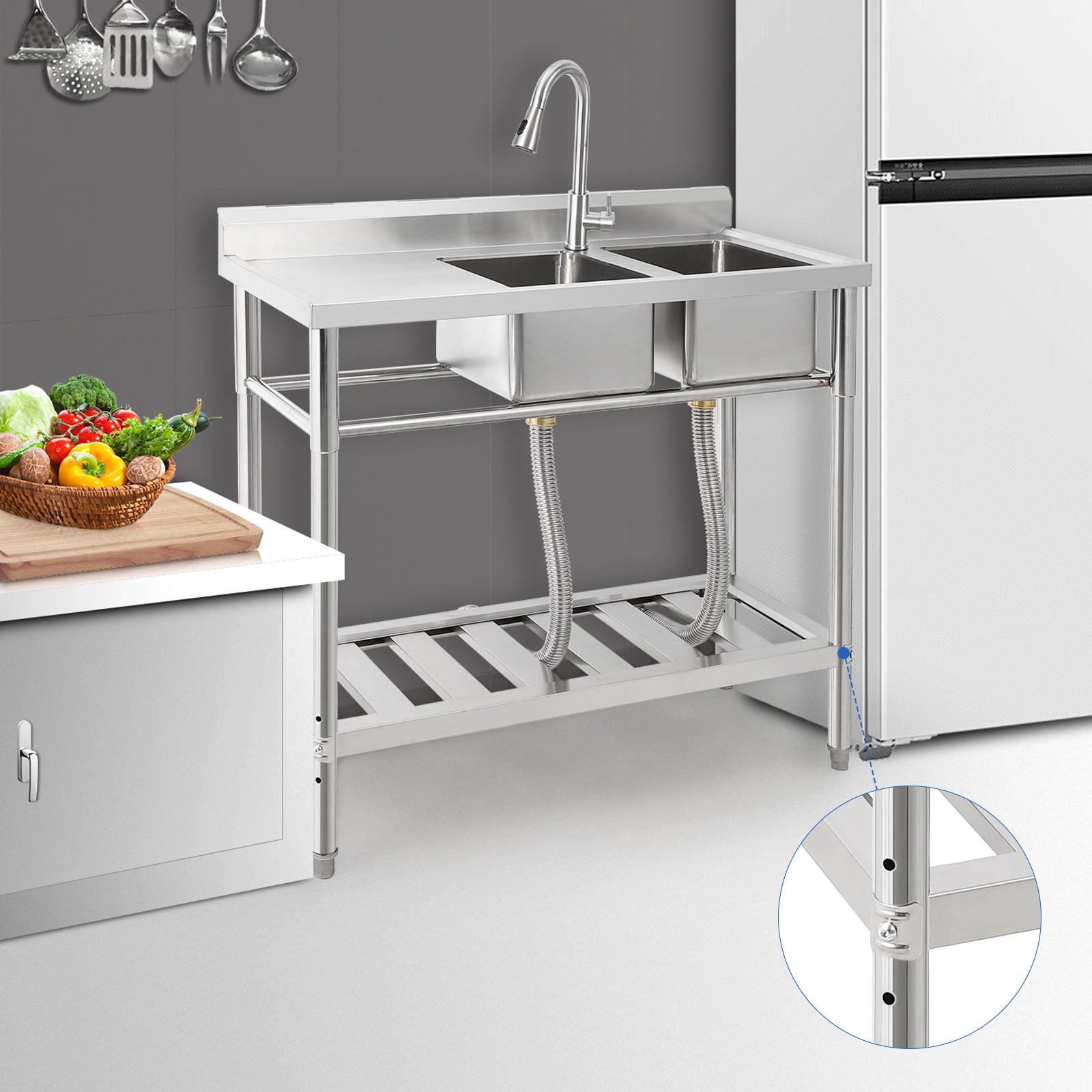 Garvee 39"W x 18"D x 40"H Freestanding 2-Bowl Sink - Stainless Steel Utility Kitchen Sink with Faucet, Drainboard, Workbench, and Storage Shelves for Restaurant, Cafe, Bar, Hotel, Garage, Laundry Room