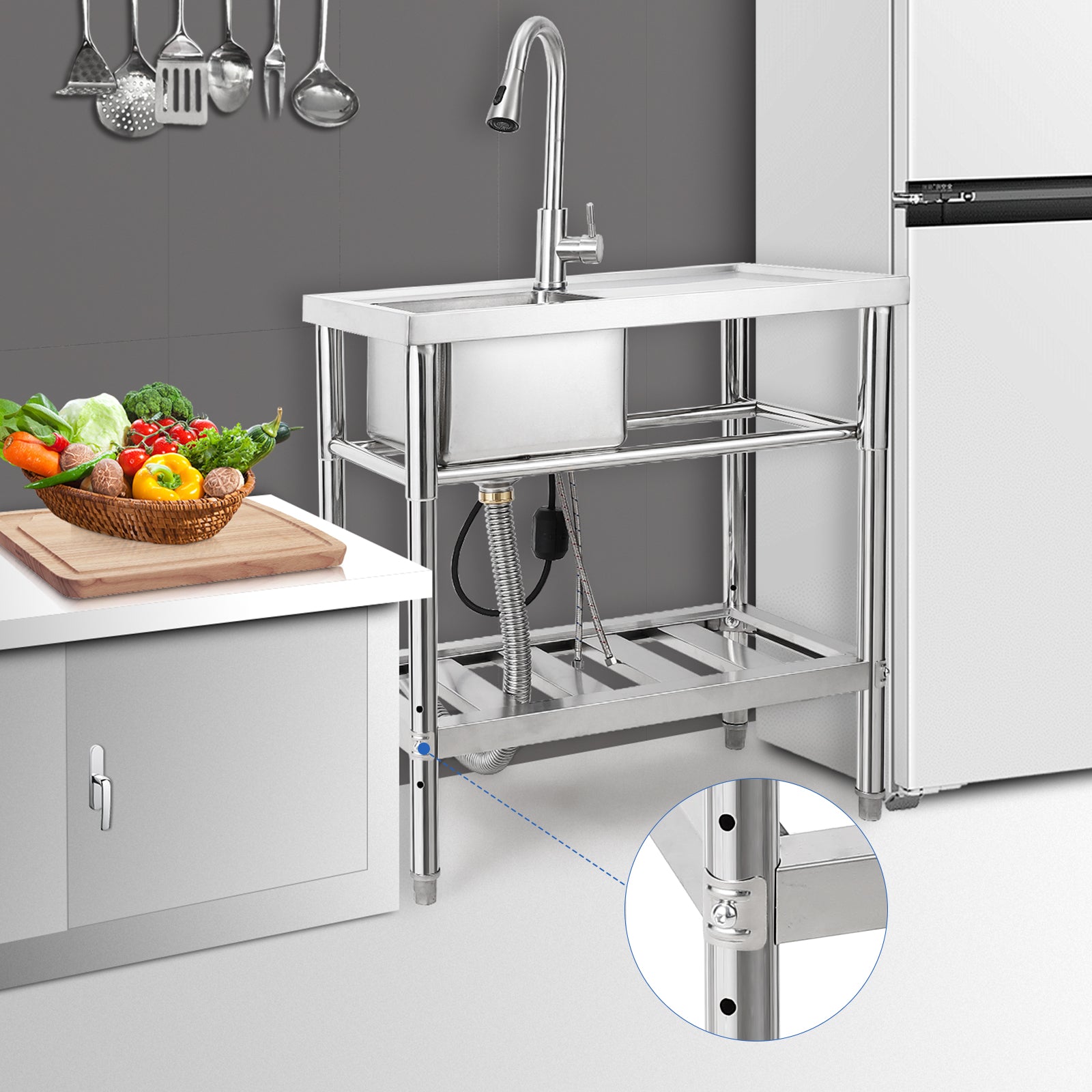 Garvee 30"W x 16"D x 30"H Freestanding Outdoor Utility Sink - Stainless Steel Single Bowl Sink with Faucet, Drainboard, and Storage Shelves for Restaurants, Cafes, Bars, Hotels, Garages, and Laundry Rooms
