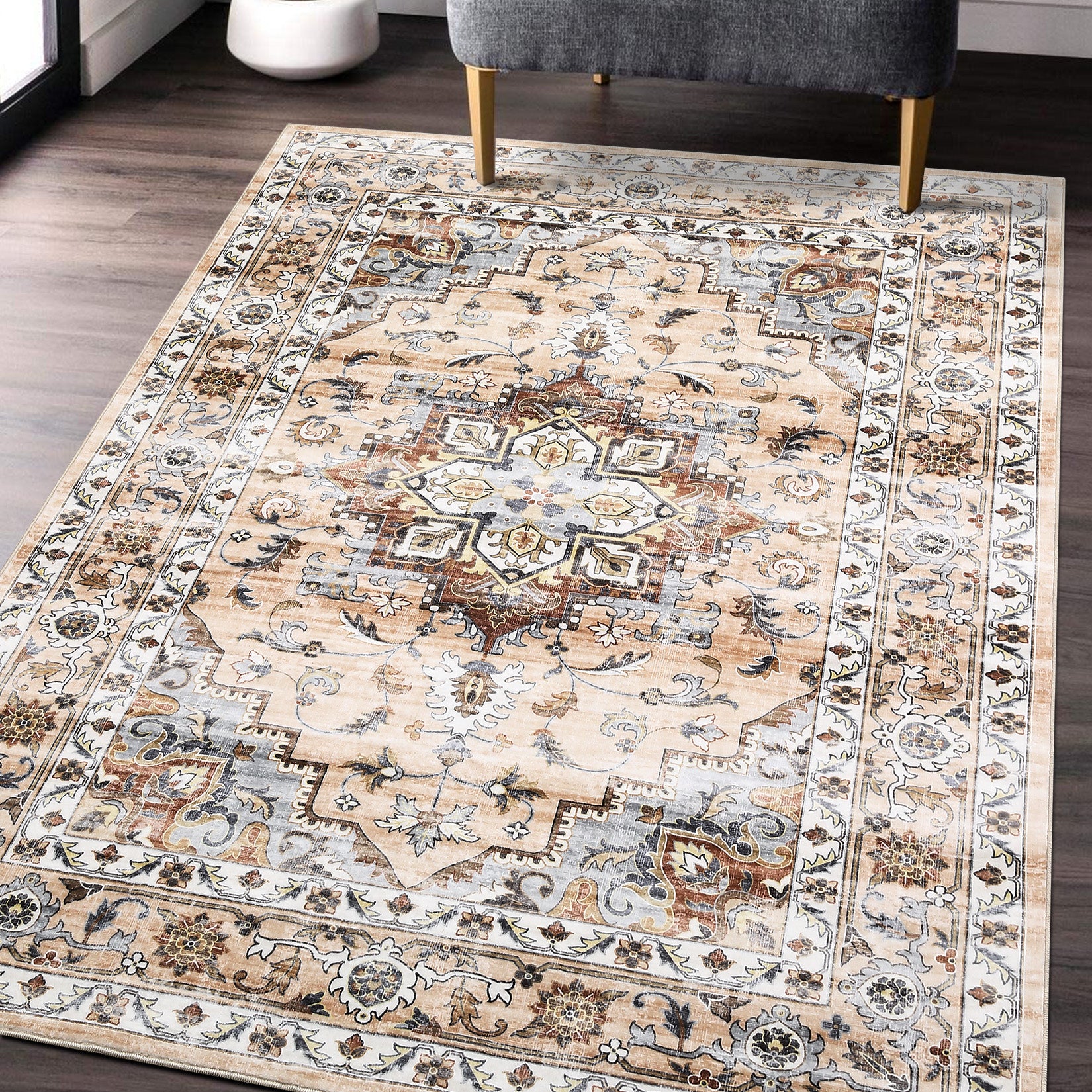 Garvee Oriental Orange 5x7 Machine Washable Rug Bedroom Rug Vintage Distressed Rug with Rubber Backing Stain Resistant Oriental Throw Floor Cover Traditional Rug Carpet for Living Room Dining Room Home