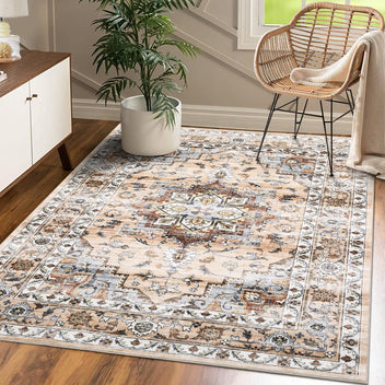 Garvee Oriental Orange 8x10 Washable Rug Large Living Room Area Rug Vintage Distressed Rug with Rubber Backing Indoor Throw Floor Cover Stain Resistant Oriental Rug Traditional Carpet for Bedroom Home