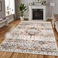 Garvee Oriental Orange 5x7 Machine Washable Rug Bedroom Rug Vintage Distressed Rug with Rubber Backing Stain Resistant Oriental Throw Floor Cover Traditional Rug Carpet for Living Room Dining Room Home