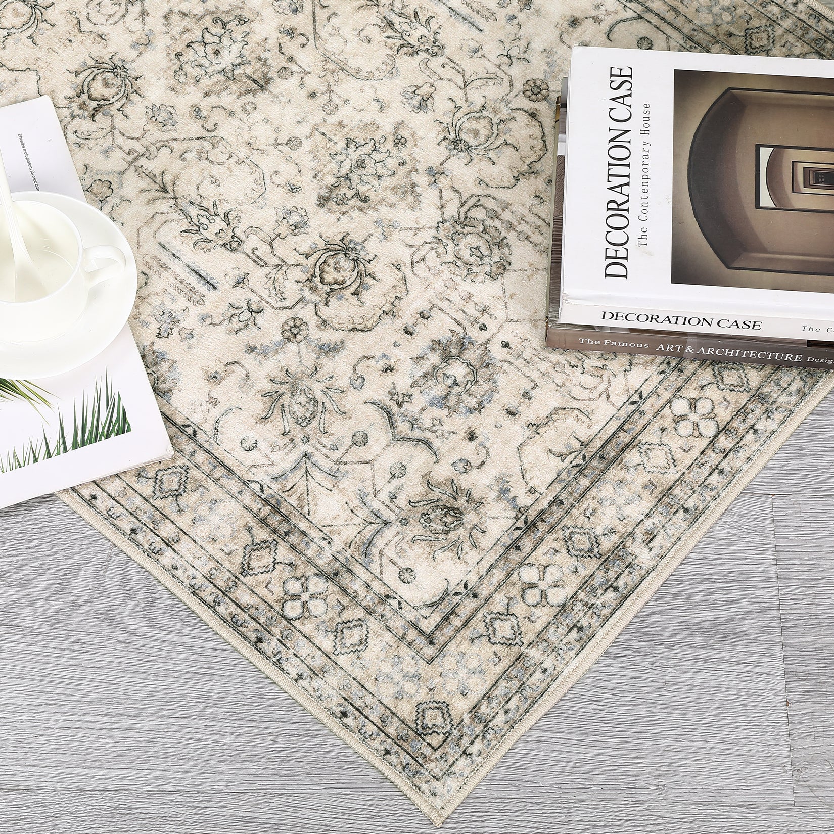 Garvee Persian Antique Beige 6x9 Ultra-Thin Rug, Vintage Floral Distressed Rug Tribal Floral Printed Rug Washable Rug Non Slip Foldable Rug for Living Room Bedroom Nursery Home Office Low Pile Non-Shedding Rug