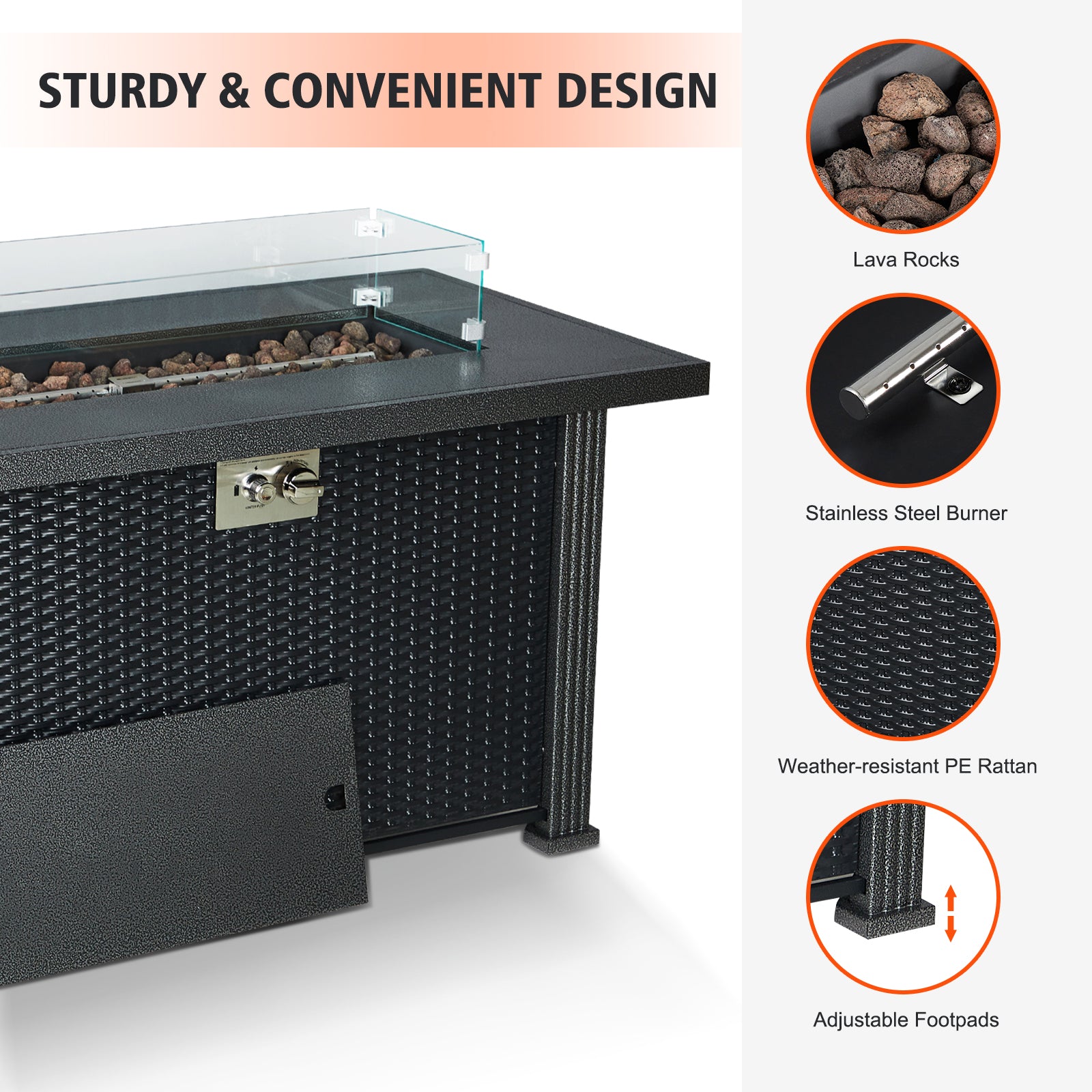 Garvee 44" x 25" x 24.5" Propane Fire Pit Table - 50,000 BTU Rectangle Fire Table with Windshield, Steel Frame & Iron Fence Surface, CSA Certified, Black