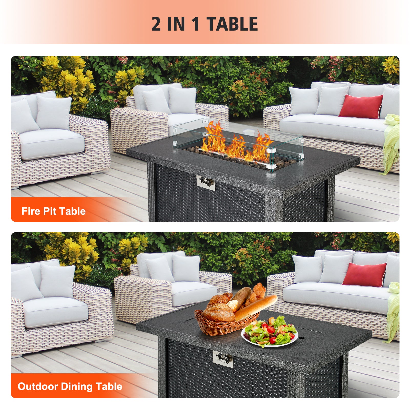 Garvee 44" x 25" x 24.5" Propane Fire Pit Table - 50,000 BTU Rectangle Fire Table with Windshield, Steel Frame & Iron Fence Surface, CSA Certified, Black