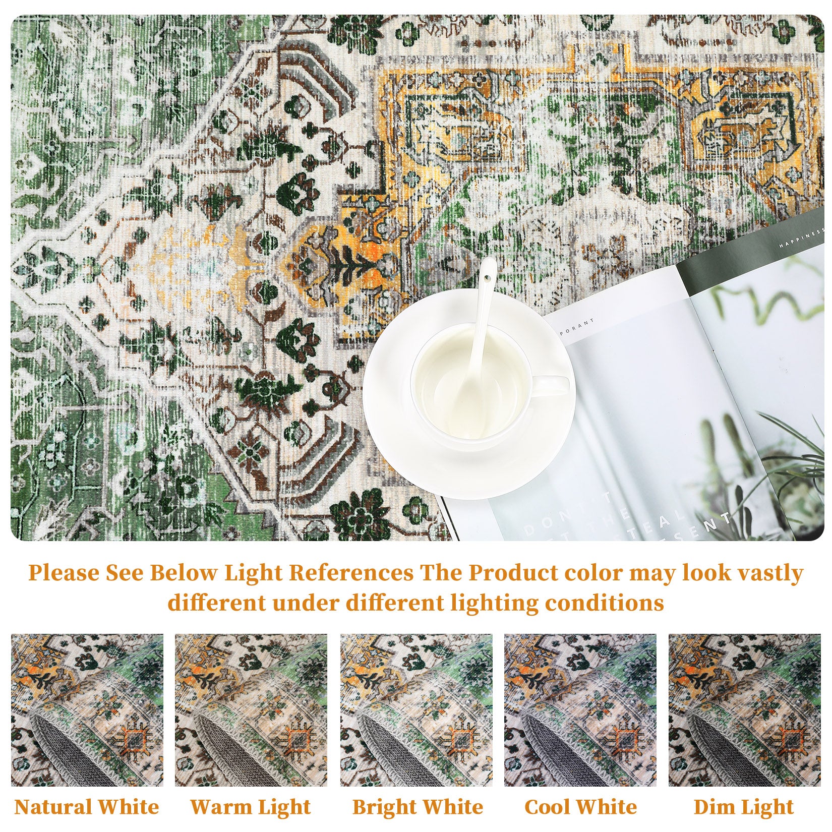 Garvee Area Rug 4x6 Washable Rug Vintage Print Rug Indoor Floor Cover Distressed Carpet Ultra Thin Rug Foldable Chenille Rug for Home Entryway Bedroom Living Room, Green, 4' x 6'